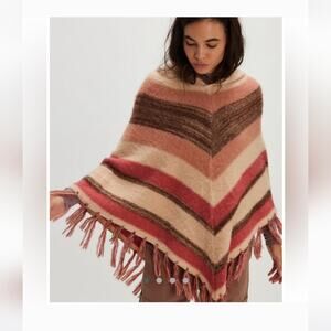 Free people striped hooded poncho fringe one size
